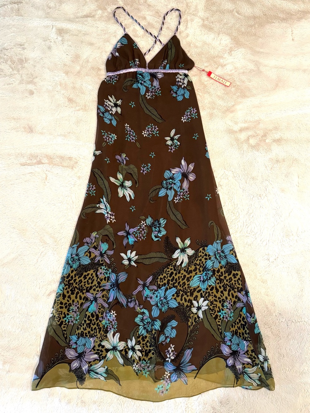 Silk Chiffon Leopard Floral Maxi Slip Dress with Purple Satin Braided straps